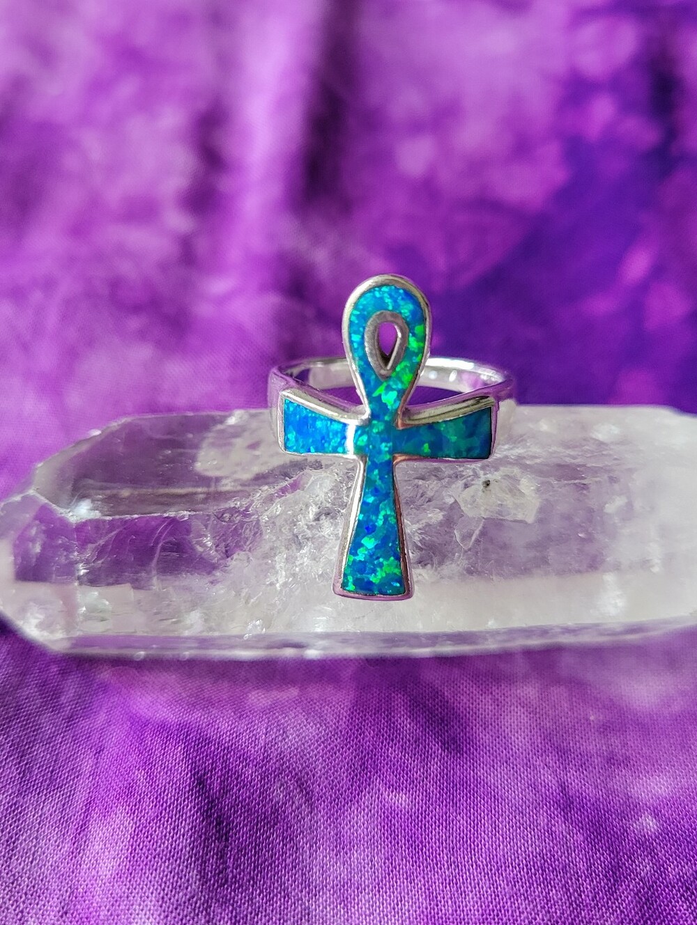 Beautiful Sparkly Sterling Silver Opal Ankh Ring.